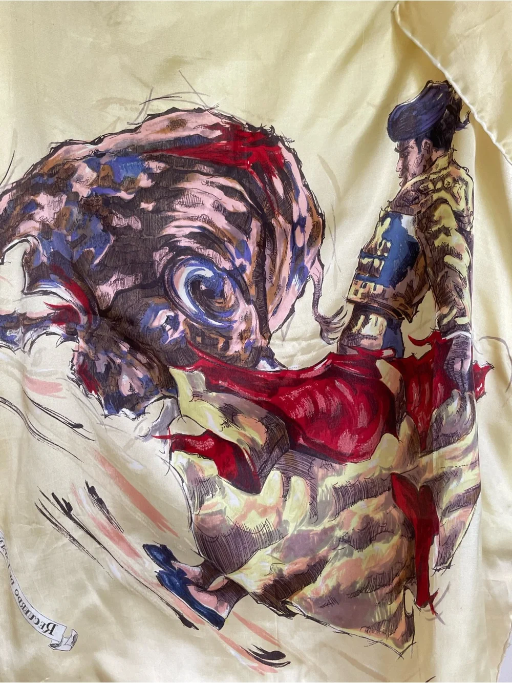 Rare Vintage Cream Silk Scarf with Bullfighting Matador Illustration 25”x 26”
